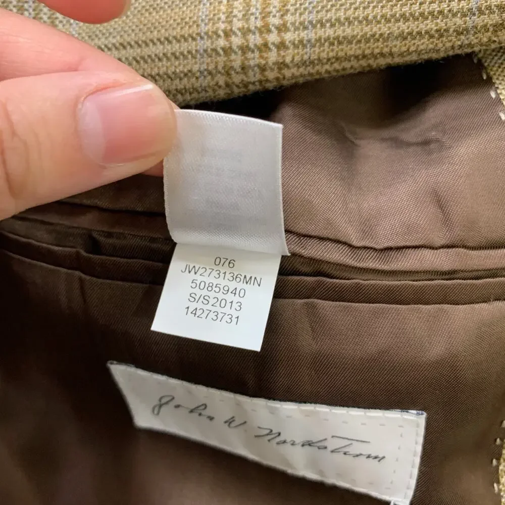 John W Nordstrom Blazer Men 44L Long Straw Beige Blue‎ Plaid Wool Silk Blend